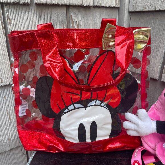 Minnie Mouse Disney Bag Set Clear Tote and Plush Backpack With Doll - Picture 2 of 7